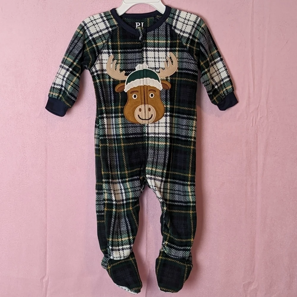 The Children's Place One Piece Footie Fleece Plaid Reindeer Christmas Pajama Set